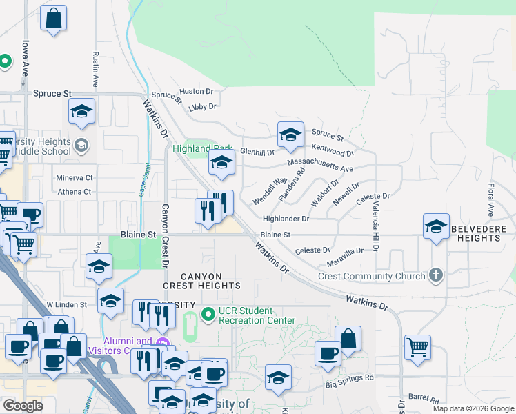 map of restaurants, bars, coffee shops, grocery stores, and more near 635 Highlander Drive in Riverside