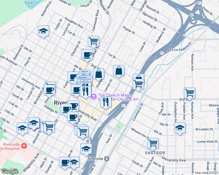 map of restaurants, bars, coffee shops, grocery stores, and more near 3449 Lime Street in Riverside