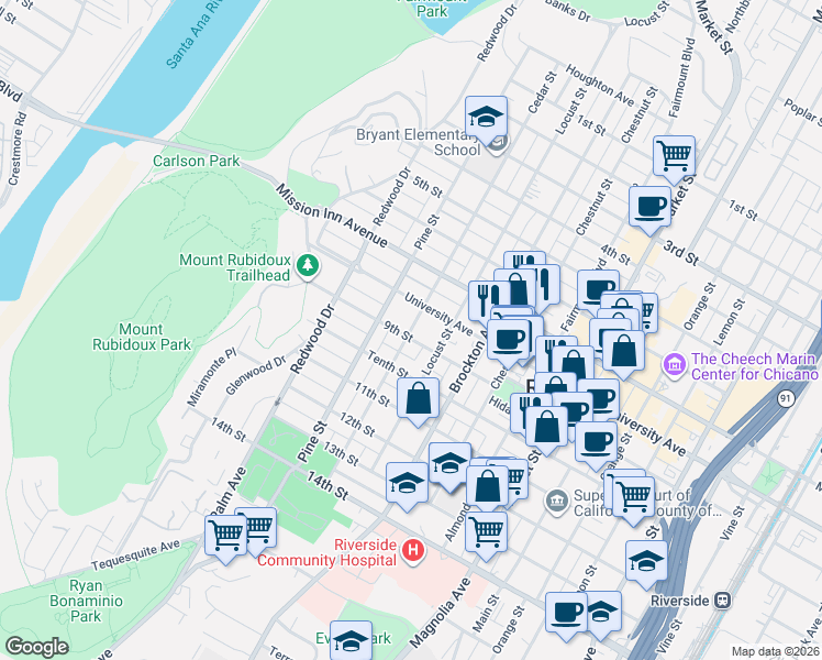 map of restaurants, bars, coffee shops, grocery stores, and more near 4308 9th Street in Riverside