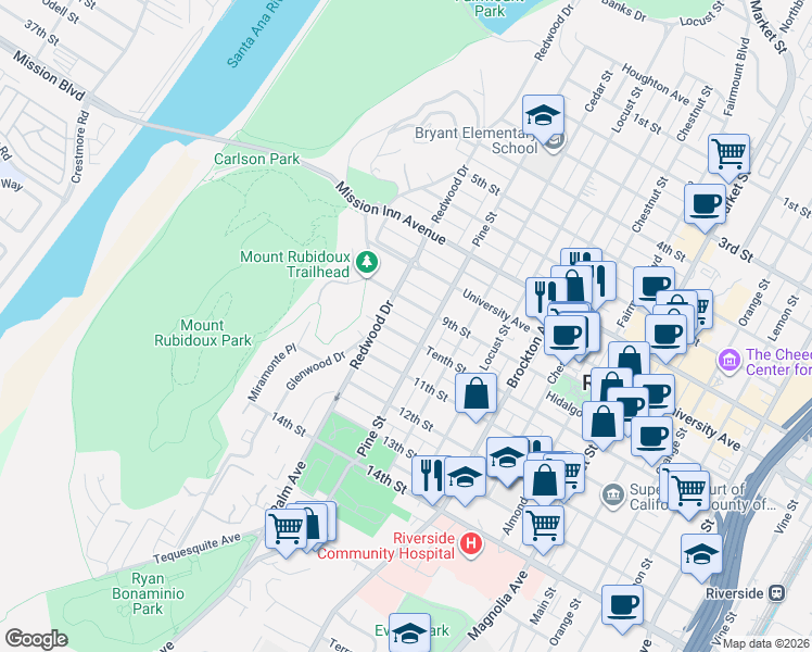 map of restaurants, bars, coffee shops, grocery stores, and more near 3995 Pine Street in Riverside