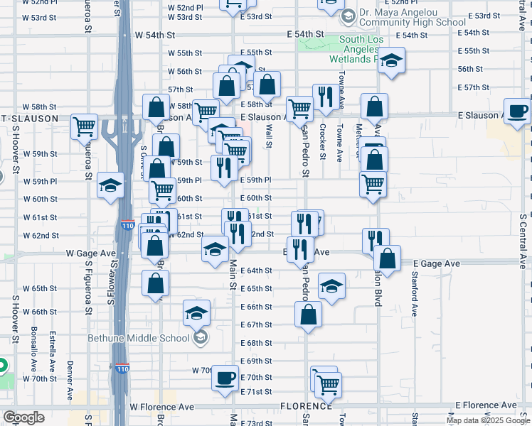 map of restaurants, bars, coffee shops, grocery stores, and more near 6107 Wall Street in Los Angeles