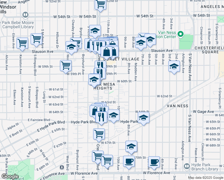 map of restaurants, bars, coffee shops, grocery stores, and more near 6122 11th Avenue in Los Angeles