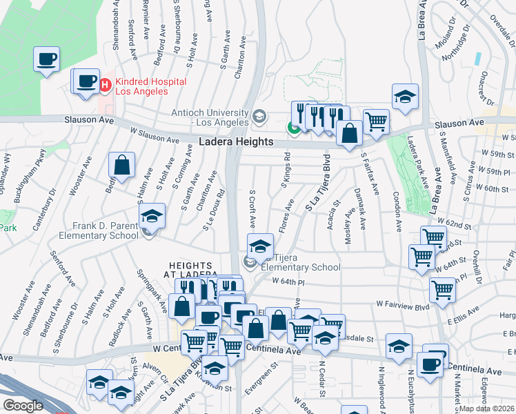 map of restaurants, bars, coffee shops, grocery stores, and more near 6017 South Croft Avenue in Los Angeles