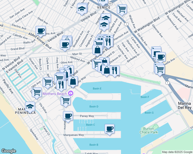 map of restaurants, bars, coffee shops, grocery stores, and more near 4300 Promenade Way in Marina del Rey