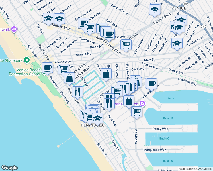 map of restaurants, bars, coffee shops, grocery stores, and more near 450 Sherman Canal in Los Angeles