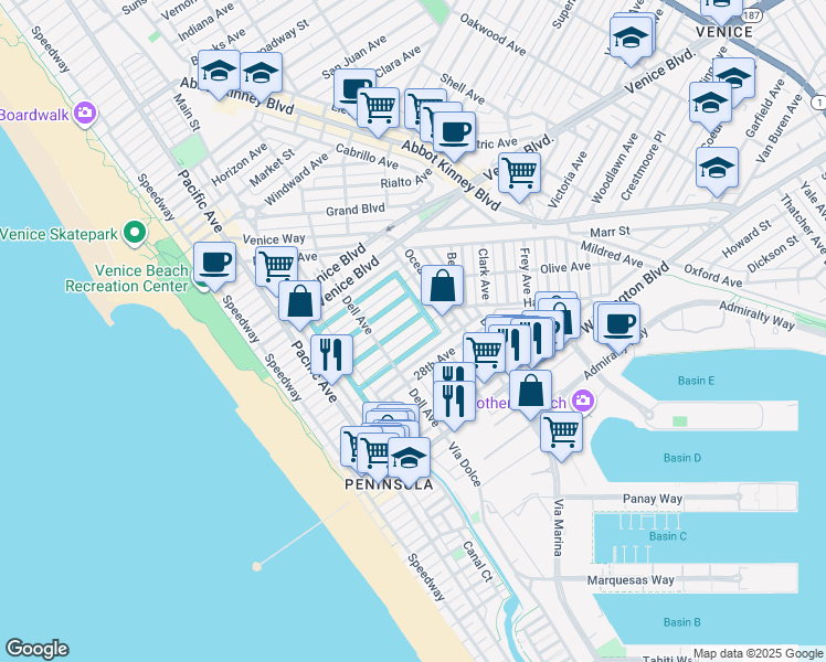 map of restaurants, bars, coffee shops, grocery stores, and more near 450 Sherman Canal in Los Angeles
