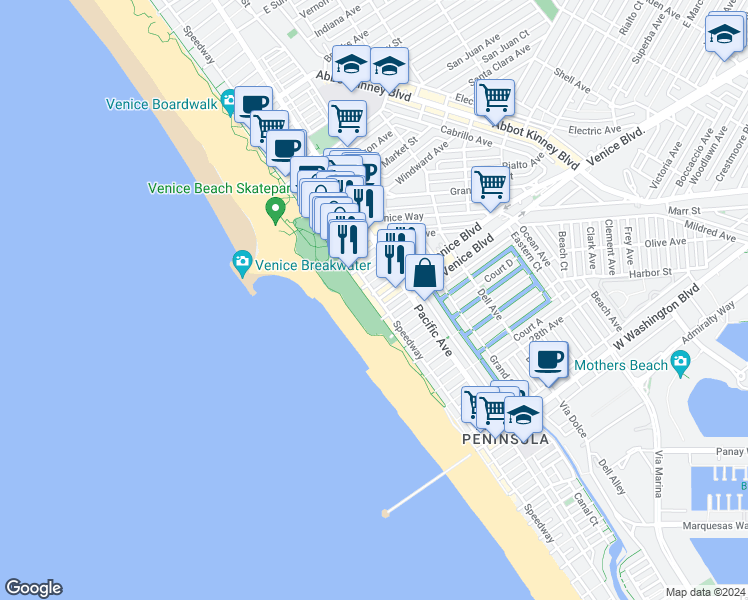 map of restaurants, bars, coffee shops, grocery stores, and more near 2000 Ocean Front Walk in Los Angeles