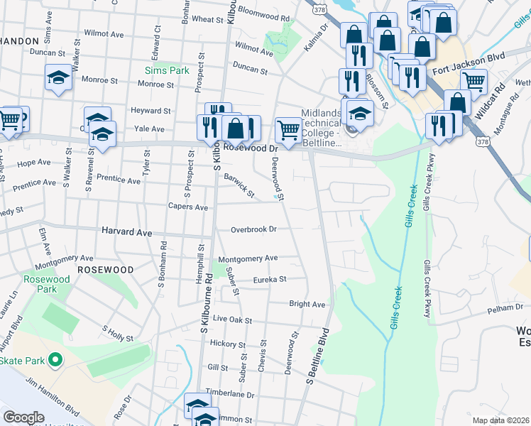 map of restaurants, bars, coffee shops, grocery stores, and more near 517 Deerwood Street in Columbia
