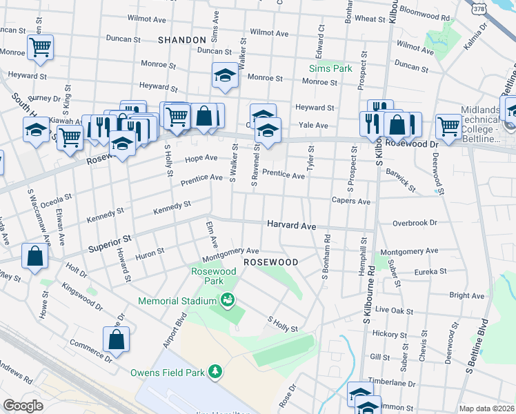 map of restaurants, bars, coffee shops, grocery stores, and more near 510 Dogwood Street in Columbia