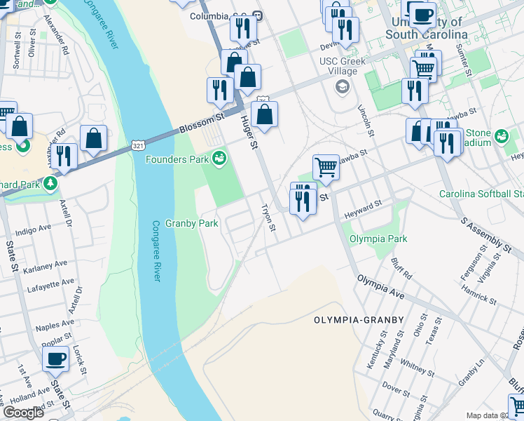 map of restaurants, bars, coffee shops, grocery stores, and more near 202 Williams Street in Columbia