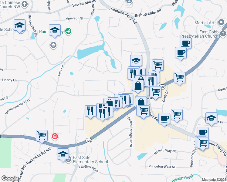 map of restaurants, bars, coffee shops, grocery stores, and more near 1465 Grovehurst Drive in Marietta