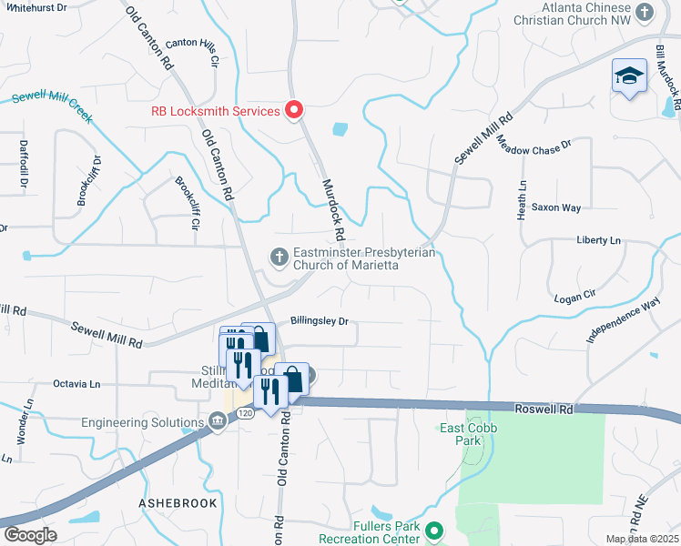 map of restaurants, bars, coffee shops, grocery stores, and more near 1405 Murdock Road in Marietta