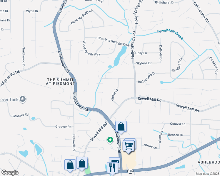 map of restaurants, bars, coffee shops, grocery stores, and more near 2417 Siesta Court in Marietta