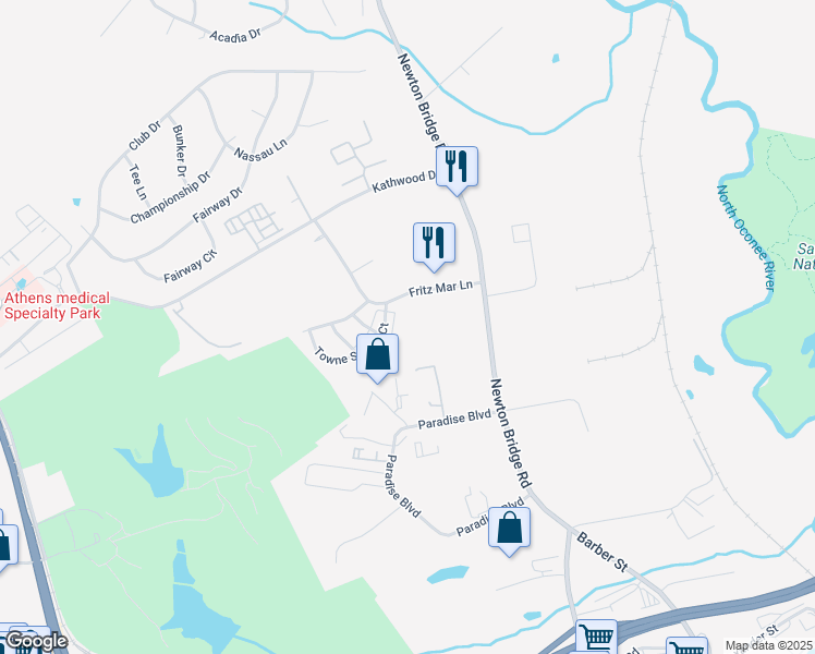 map of restaurants, bars, coffee shops, grocery stores, and more near 161 Fritz Mar Lane in Athens