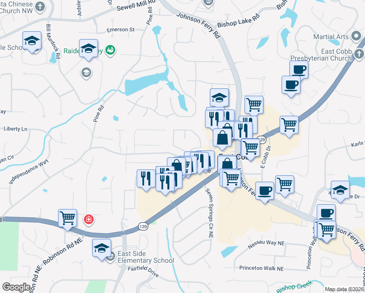 map of restaurants, bars, coffee shops, grocery stores, and more near 1465 Grovehurst Dr in Marietta