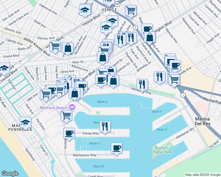 map of restaurants, bars, coffee shops, grocery stores, and more near 4316 Marina City Drive in Marina del Rey