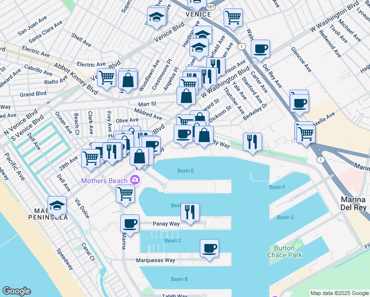 map of restaurants, bars, coffee shops, grocery stores, and more near 4300 Promenade Way in Marina del Rey