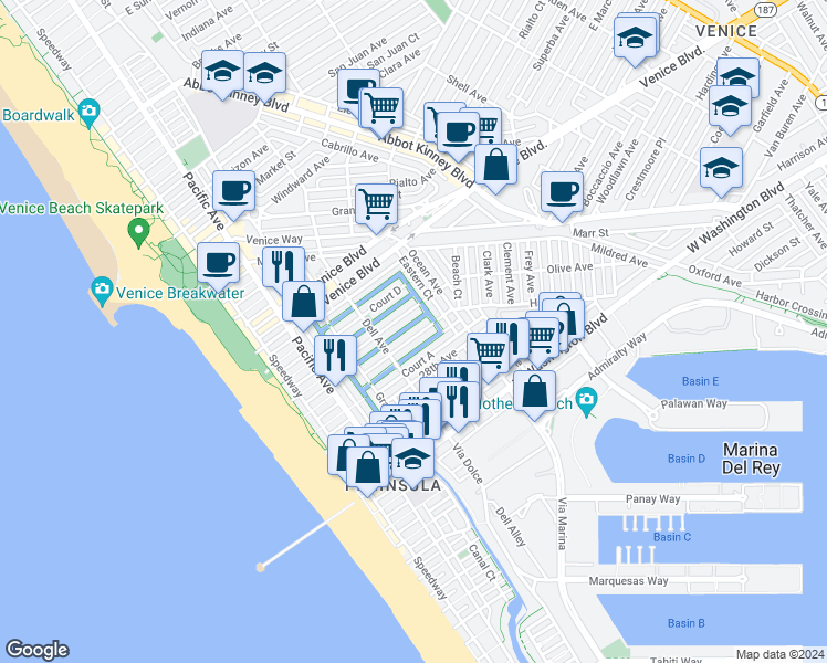 map of restaurants, bars, coffee shops, grocery stores, and more near 438 Howland Canal in Los Angeles