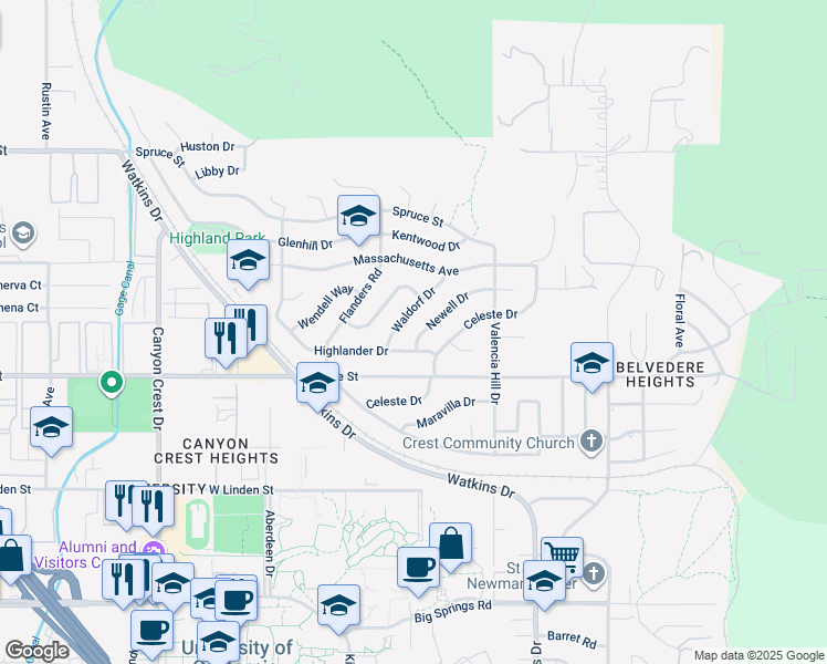 map of restaurants, bars, coffee shops, grocery stores, and more near 3195 Newell Drive in Riverside