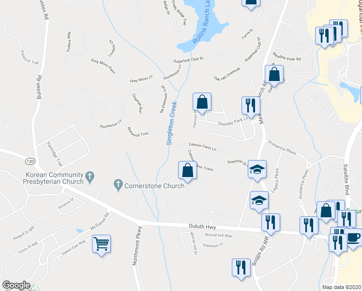 map of restaurants, bars, coffee shops, grocery stores, and more near 2668 Cannon Farm Lane in Duluth