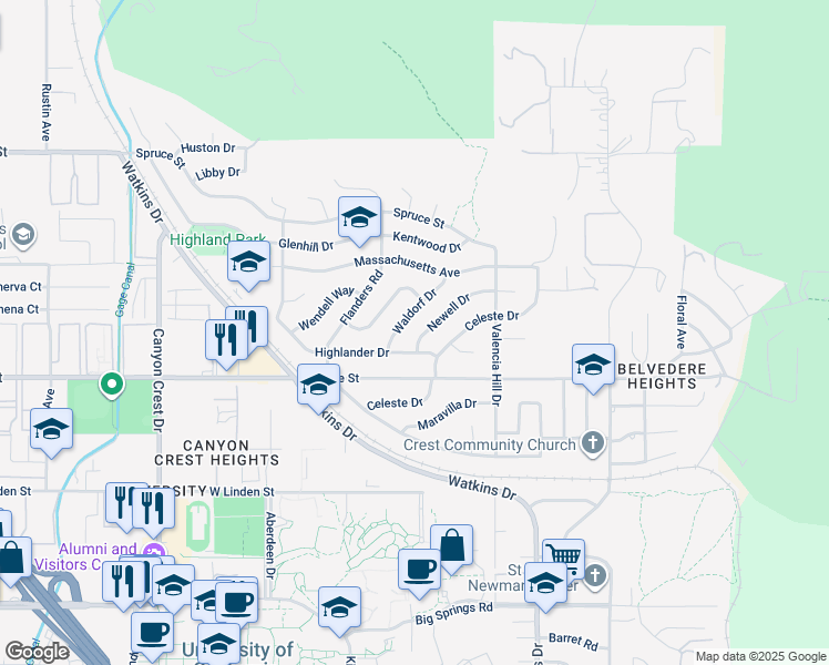 map of restaurants, bars, coffee shops, grocery stores, and more near 3195 Newell Drive in Riverside