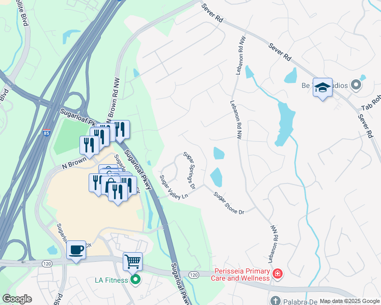 map of restaurants, bars, coffee shops, grocery stores, and more near 2079 Sugar Springs Drive in Lawrenceville
