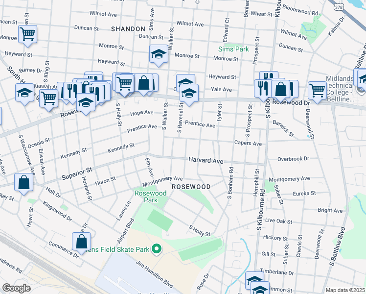 map of restaurants, bars, coffee shops, grocery stores, and more near 507 Dogwood Street in Columbia