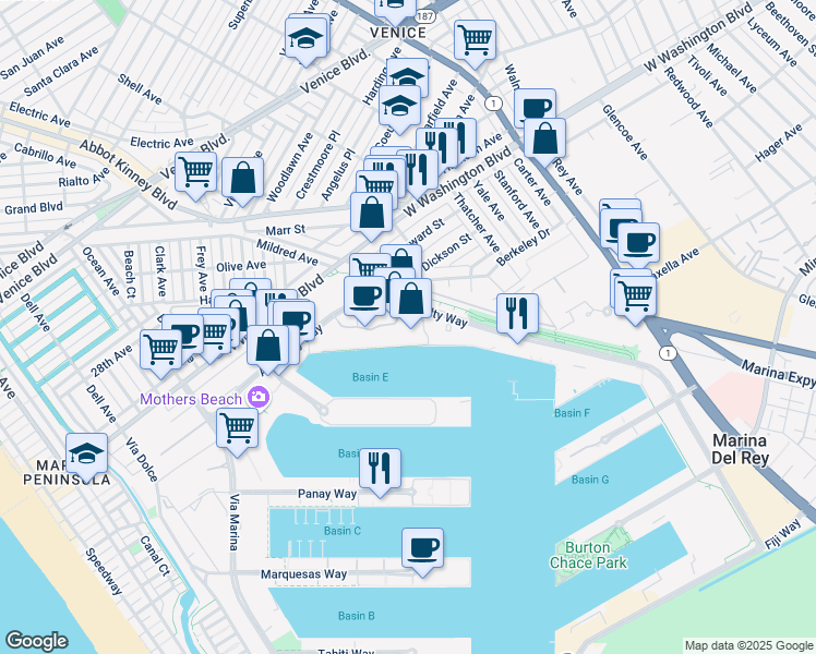map of restaurants, bars, coffee shops, grocery stores, and more near 4335 Marina City Drive in Marina del Rey