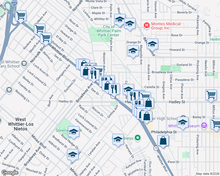 map of restaurants, bars, coffee shops, grocery stores, and more near 6301 Palm Avenue in Whittier