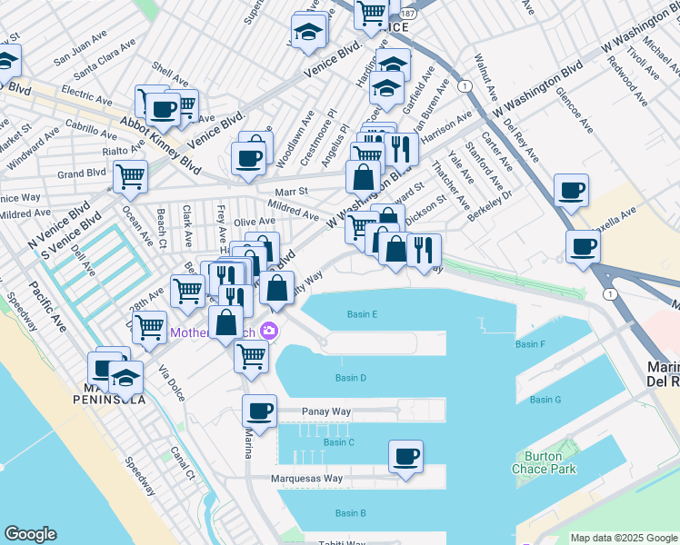 map of restaurants, bars, coffee shops, grocery stores, and more near 4265 Marina City Drive in Marina del Rey