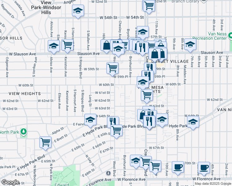 map of restaurants, bars, coffee shops, grocery stores, and more near 6110 West Boulevard in Los Angeles