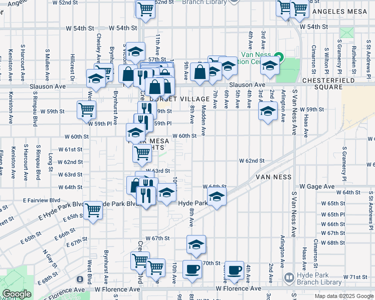 map of restaurants, bars, coffee shops, grocery stores, and more near 6031 8th Avenue in Los Angeles
