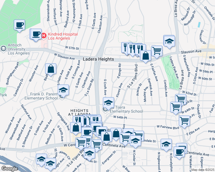 map of restaurants, bars, coffee shops, grocery stores, and more near 6017 South Croft Avenue in Los Angeles