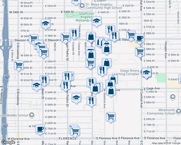 map of restaurants, bars, coffee shops, grocery stores, and more near 519 East 61st Street in Los Angeles