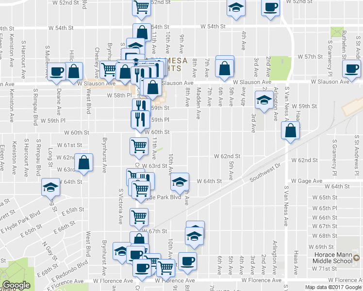 map of restaurants, bars, coffee shops, grocery stores, and more near 6031 8th Avenue in Los Angeles