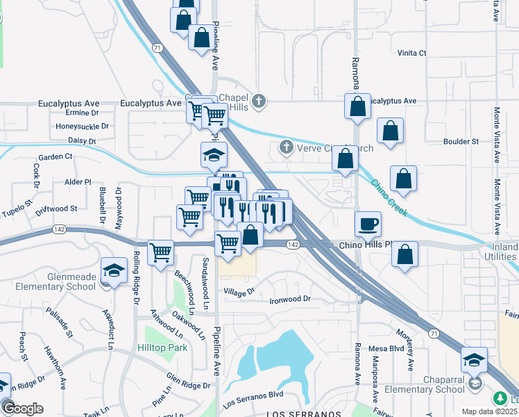map of restaurants, bars, coffee shops, grocery stores, and more near 4200 Chino Hills Parkway in Chino Hills