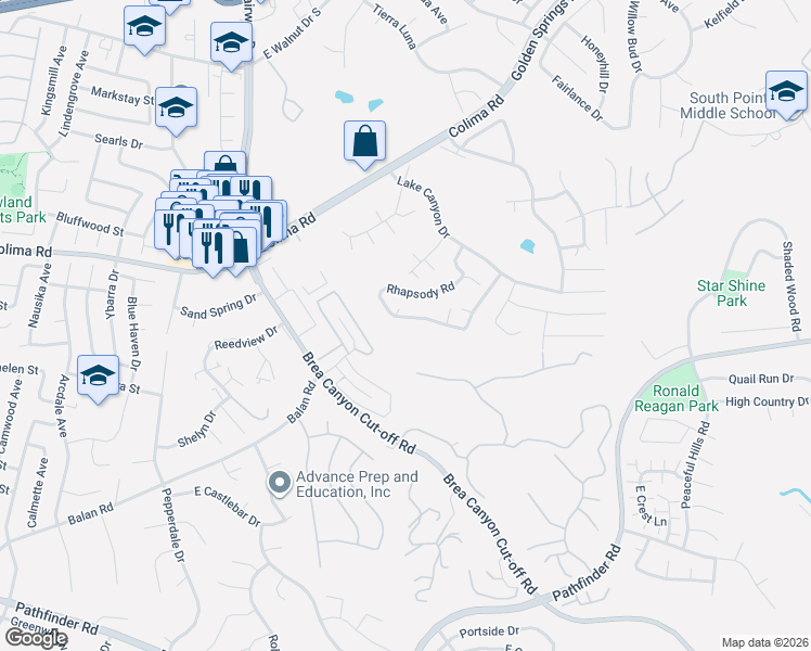 map of restaurants, bars, coffee shops, grocery stores, and more near 20122 Evening Breeze Drive in Walnut