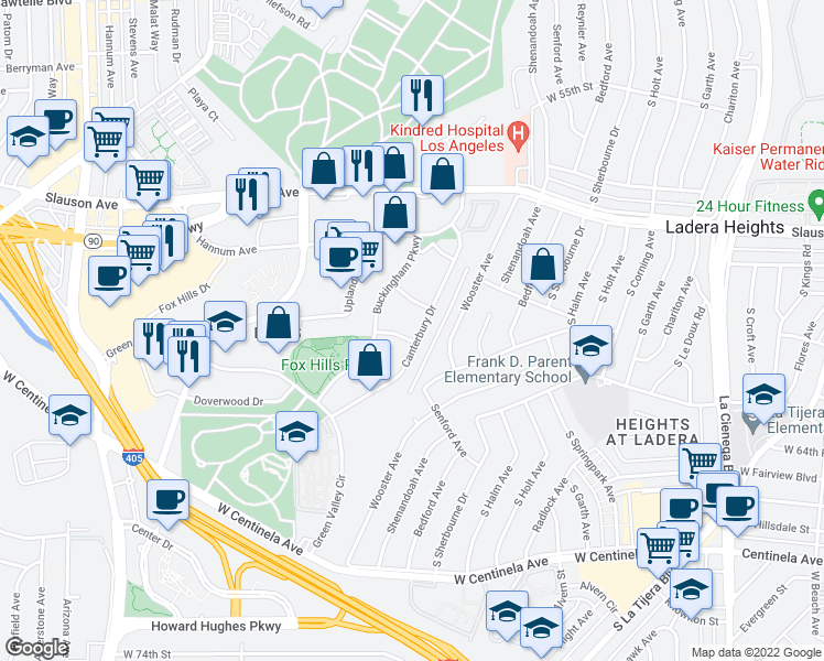 map of restaurants, bars, coffee shops, grocery stores, and more near 5650 North Sumner Way in Culver City