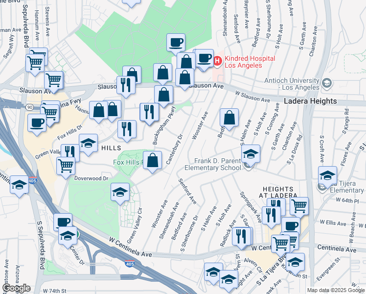 map of restaurants, bars, coffee shops, grocery stores, and more near 6000 Canterbury Drive in Culver City