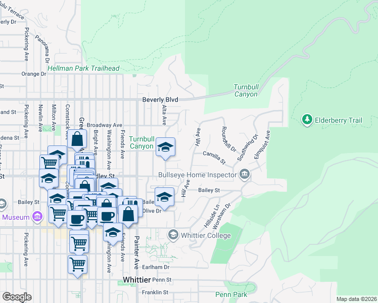 map of restaurants, bars, coffee shops, grocery stores, and more near 6324 Alta Avenue in Whittier