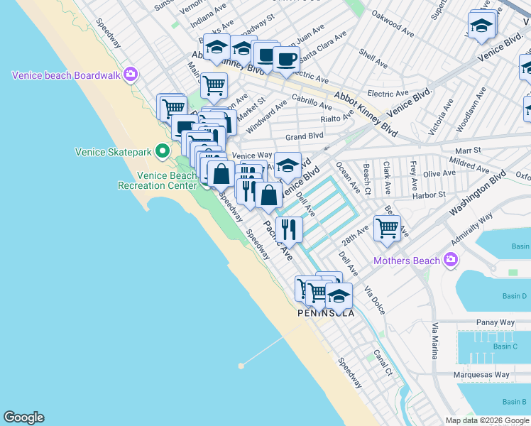 map of restaurants, bars, coffee shops, grocery stores, and more near 28 South Venice Boulevard in Los Angeles