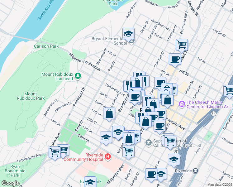 map of restaurants, bars, coffee shops, grocery stores, and more near 3873 Locust Street in Riverside