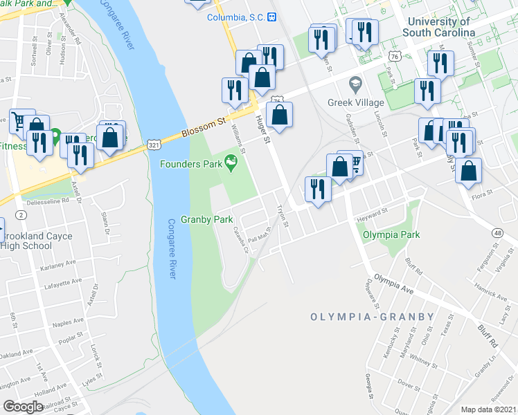 map of restaurants, bars, coffee shops, grocery stores, and more near 329 Picadilly Street in Columbia