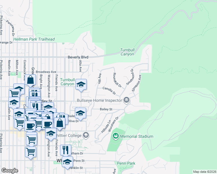 map of restaurants, bars, coffee shops, grocery stores, and more near 13656 Camilla Street in Whittier