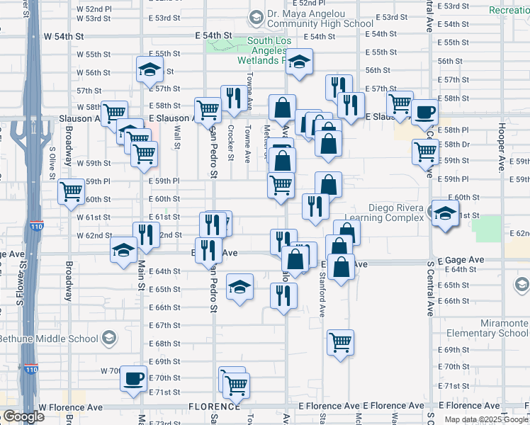 map of restaurants, bars, coffee shops, grocery stores, and more near 427 East 61st Street in Los Angeles