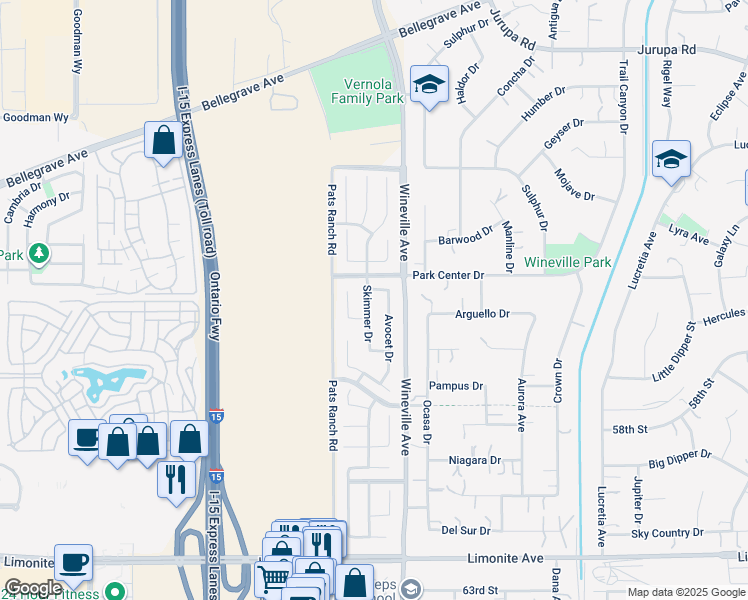 map of restaurants, bars, coffee shops, grocery stores, and more near 5594 Skimmer Drive in Jurupa Valley