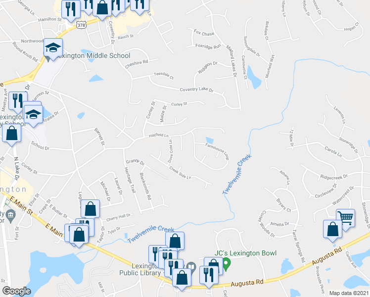 map of restaurants, bars, coffee shops, grocery stores, and more near 117 Hayfield Court in Lexington