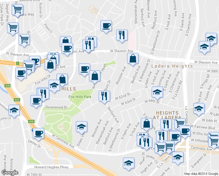 map of restaurants, bars, coffee shops, grocery stores, and more near 5950 Canterbury Drive in Culver City