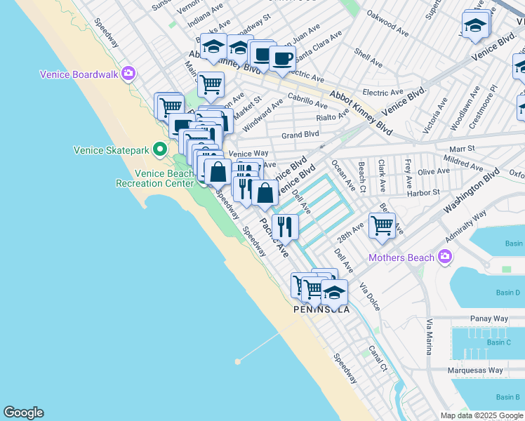 map of restaurants, bars, coffee shops, grocery stores, and more near 100 South Venice Boulevard in Los Angeles