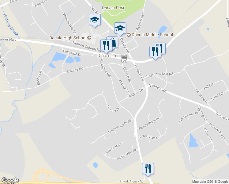 map of restaurants, bars, coffee shops, grocery stores, and more near 356 McMillan Road in Dacula